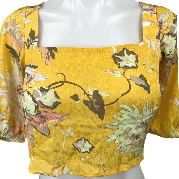 H&M Yellow Floral Square Neck Short Sleeve Open Tie Back Blouse Crop Top Size XS - Picture 3 of 5